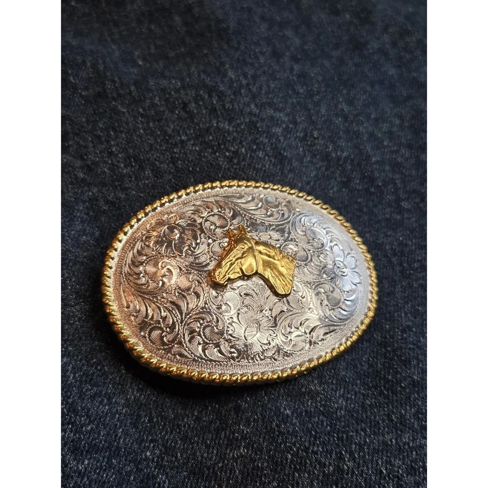 Vintage Nocona Silver Gold Horse Stallion Western Belt Buckle Rodeo